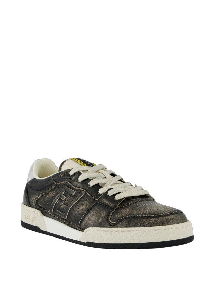 Fendi Distressed Black Leather Low-Top Sneakers With Ff Logo