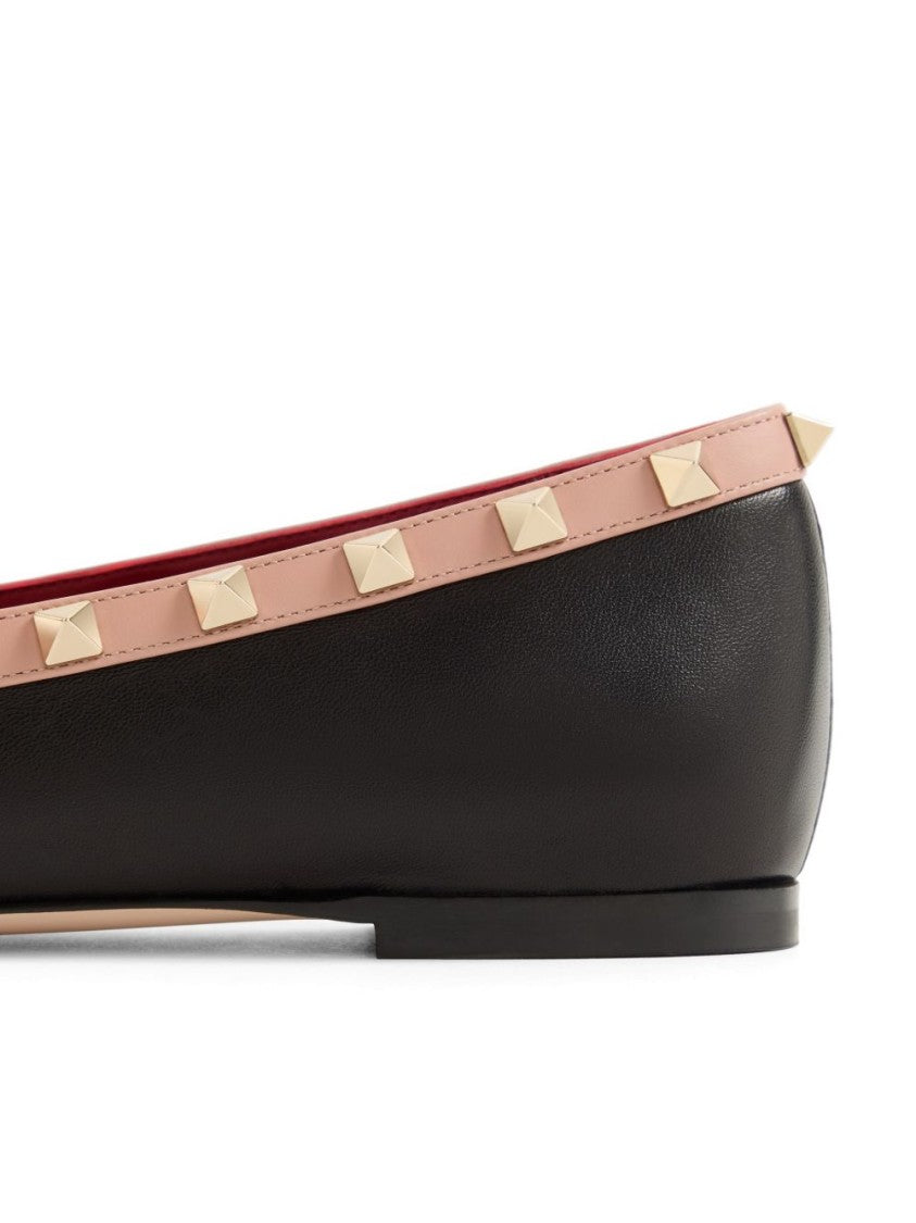 Valentino Garavani Black Leather Gold Studded Bow Flats
