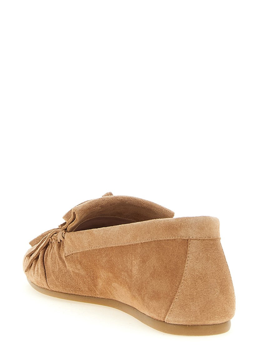 Stuart Weitzman Suede Loafers With Tone-On-Tone Fringes And Decorative Bow