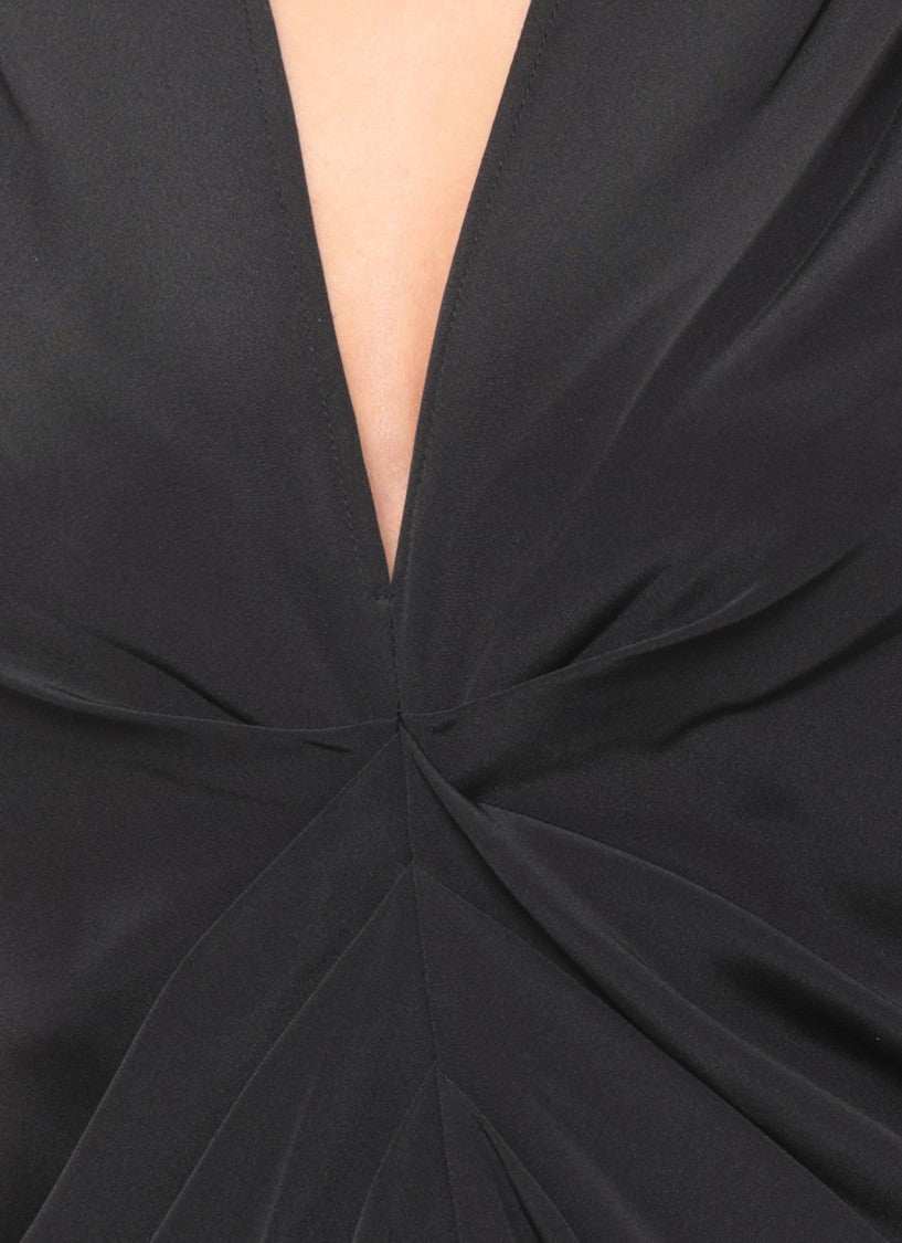 Loulou De Saison Black Padded Shoulders Front Slit Silk Maxi Dress