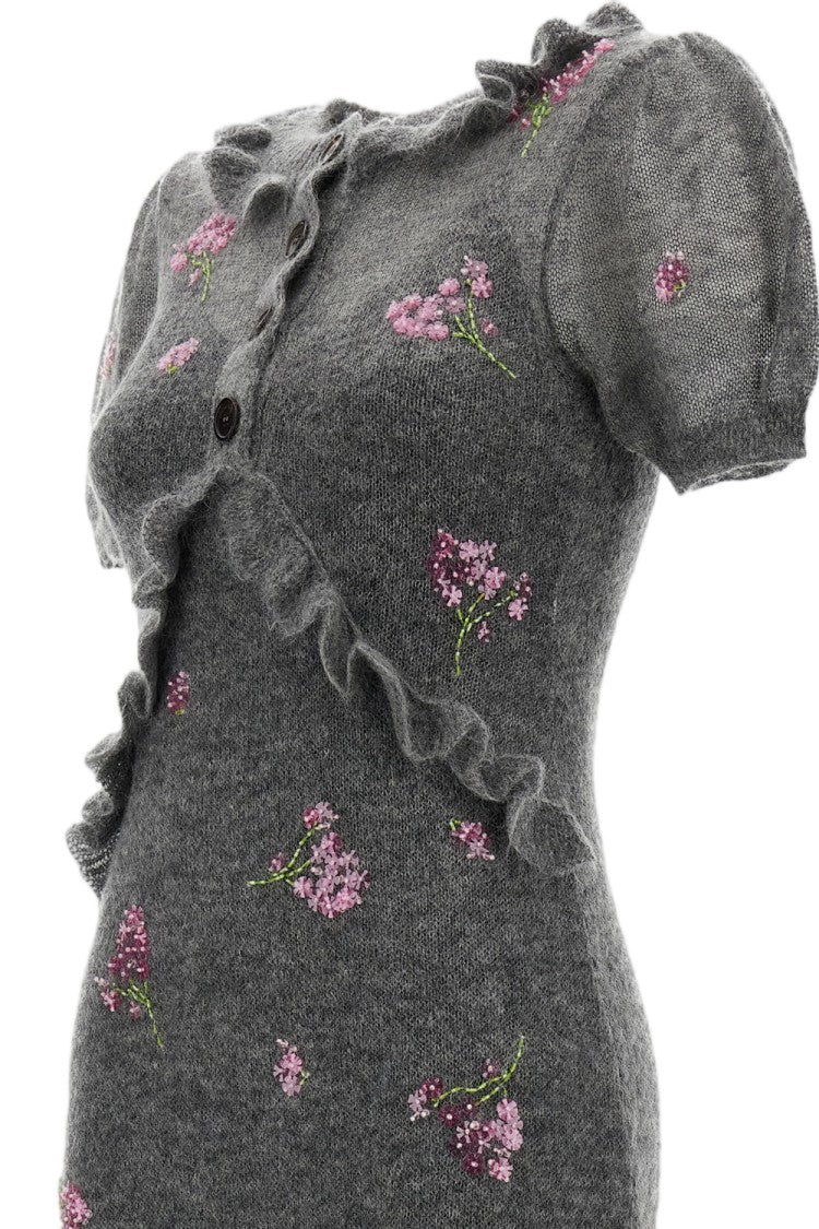 Shushu/Tong Floral Beaded Wool-Blend Lace Trim Pleated Midi Dress