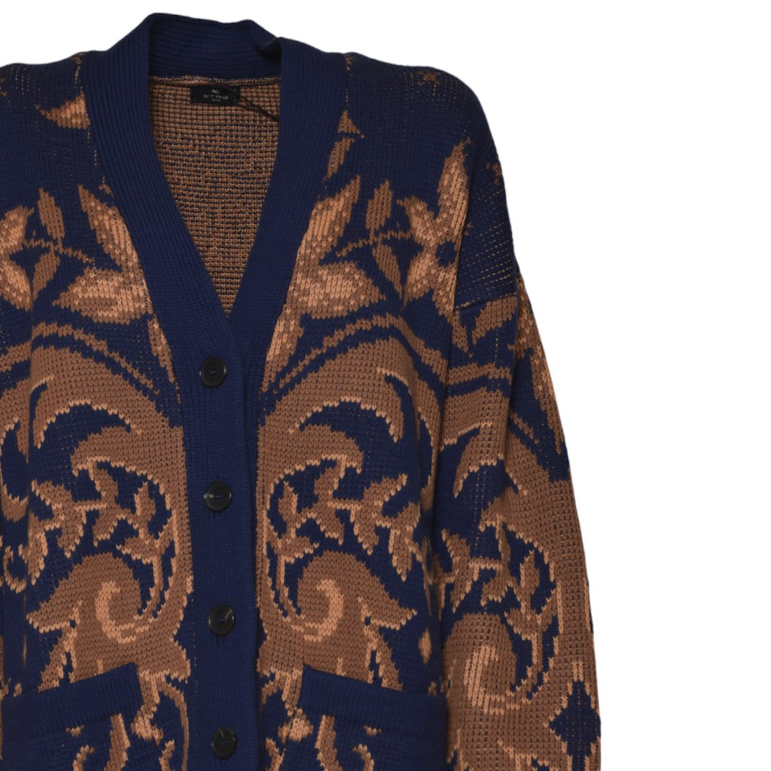 Etro Intricate Floral Patterned Deep Blue Cardigan