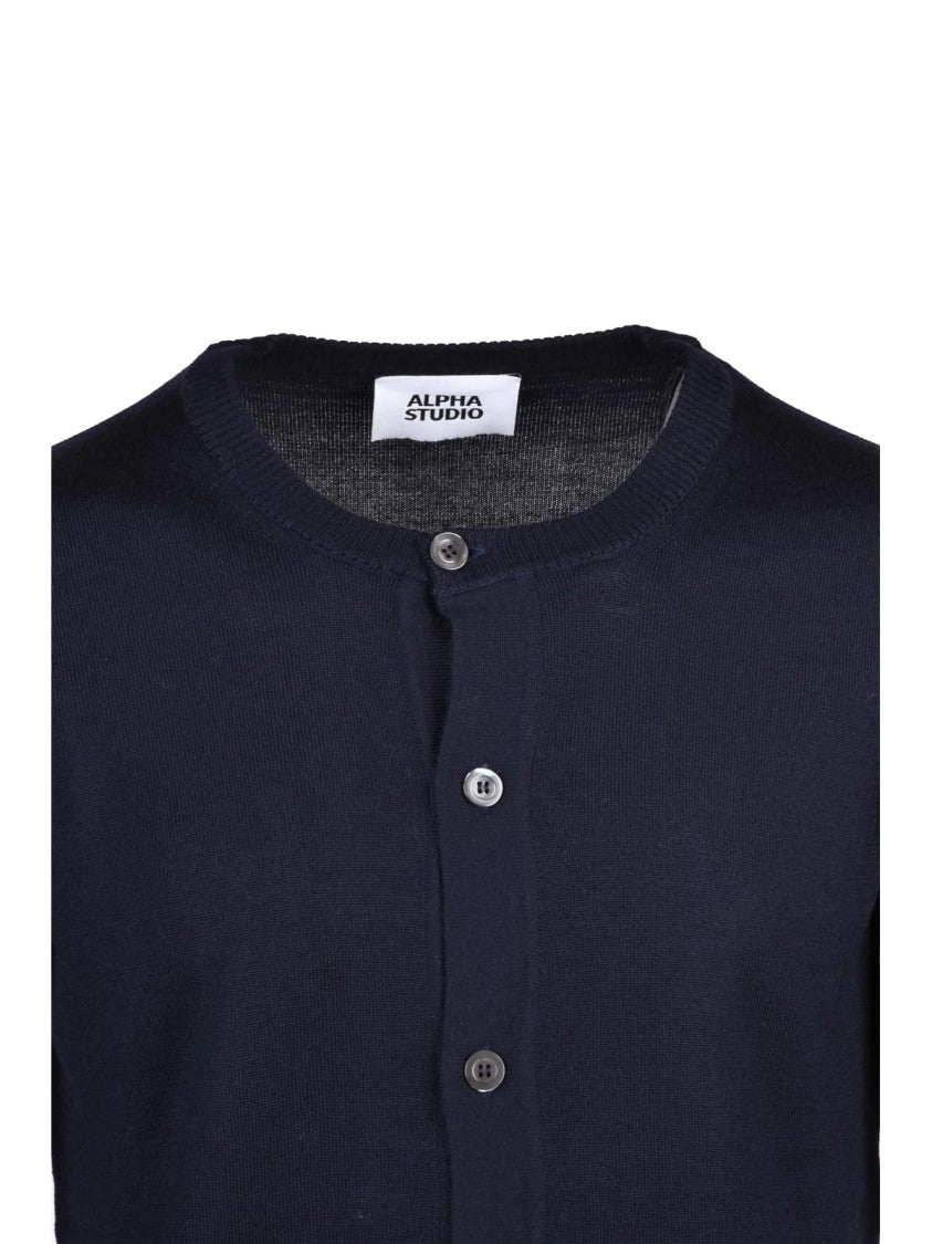 Alpha Studio Navy Blue Button-Down Extrafine Merino Wool Cardigan