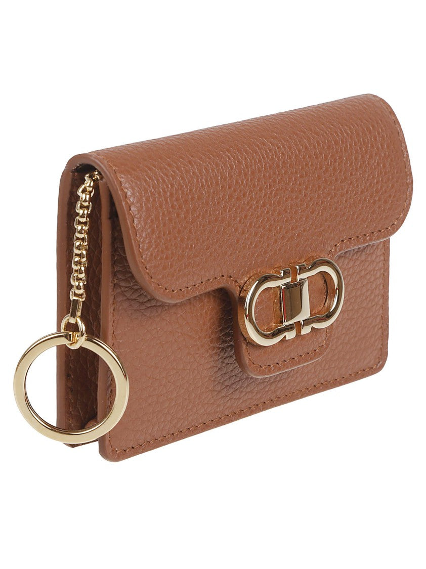Ferragamo Textured Light Brown Leather Keychain With Gold-Tone Hardware