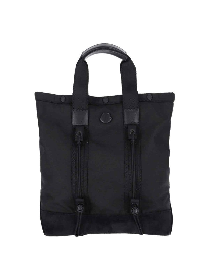 Moncler Compact Black Water-Repellent Tote With Leather Accents And Jacquard Logo
