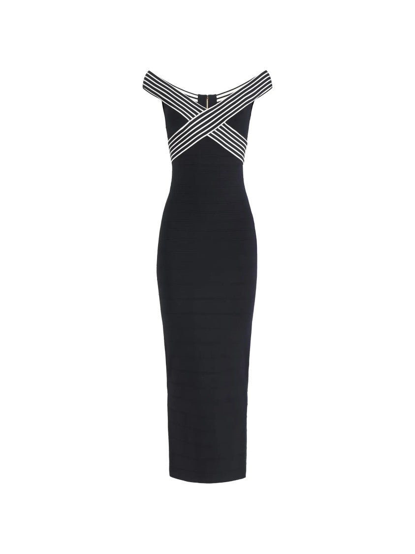 Elisabetta Franchi Off-The-Shoulder Striped Band Black Midi Dress