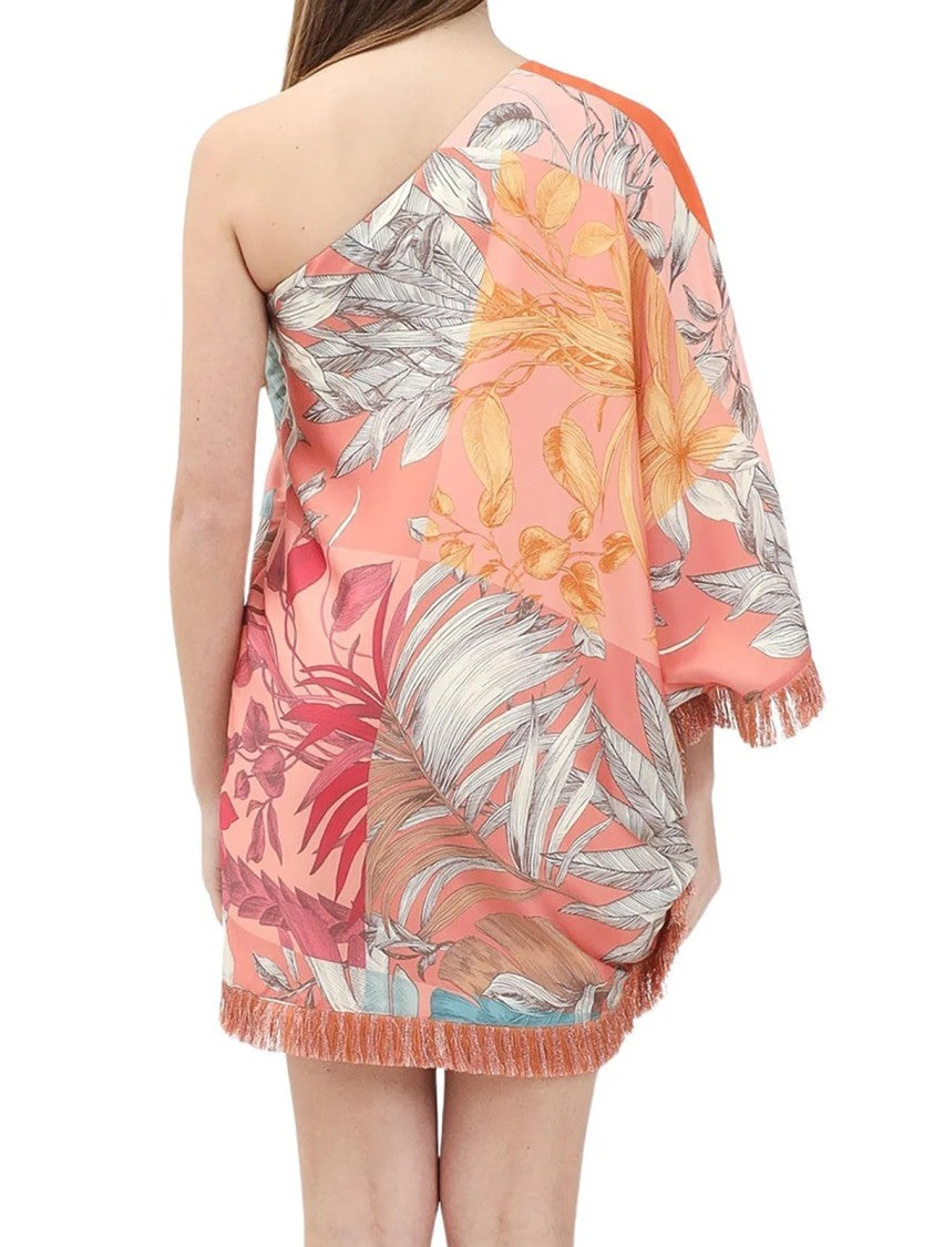 Simona Corsellini One-Shoulder Mini Dress With Botanical Print And Fringe Detail