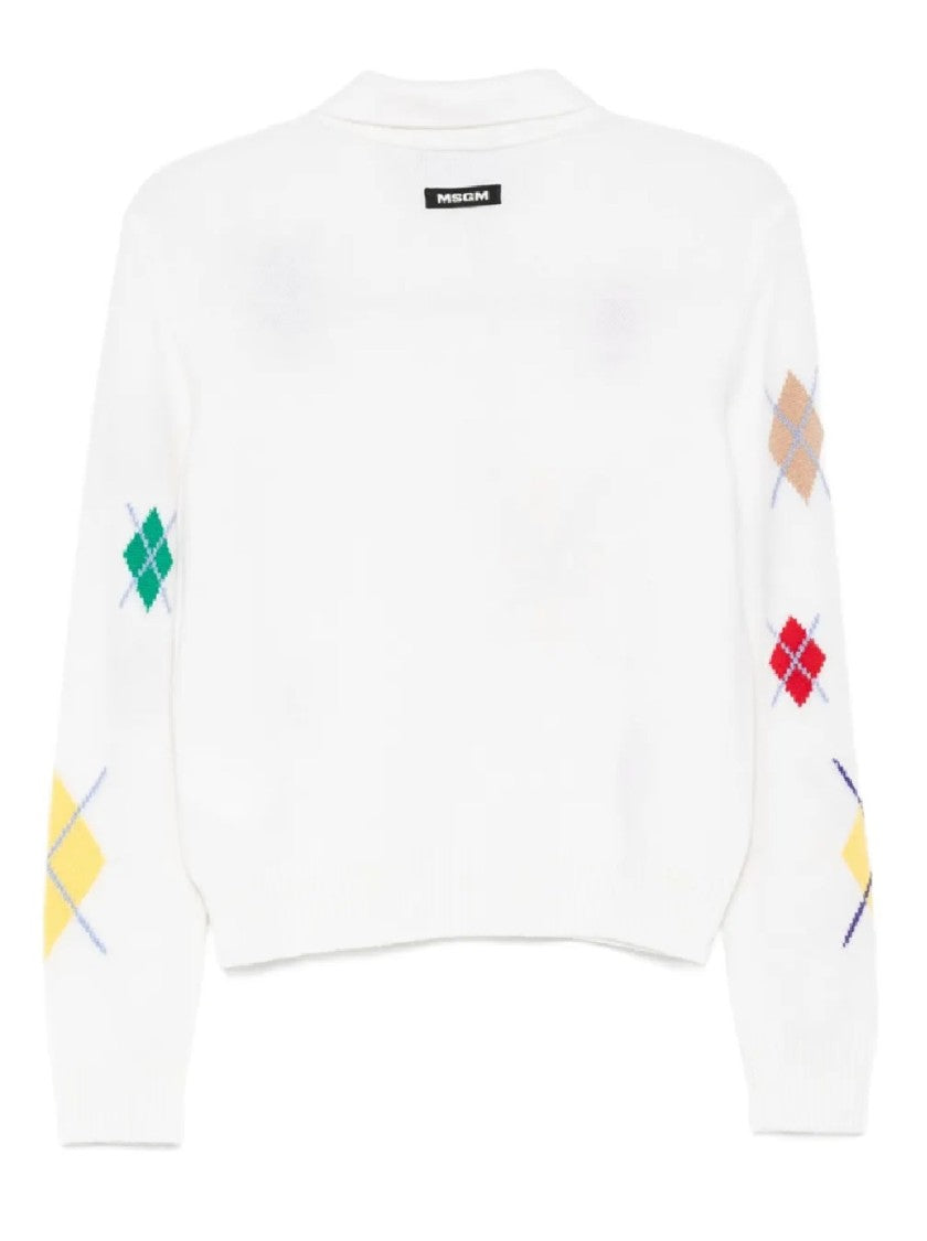 Msgm Cropped White Sweater With Colorful Argyle Patterns And Classic Collar
