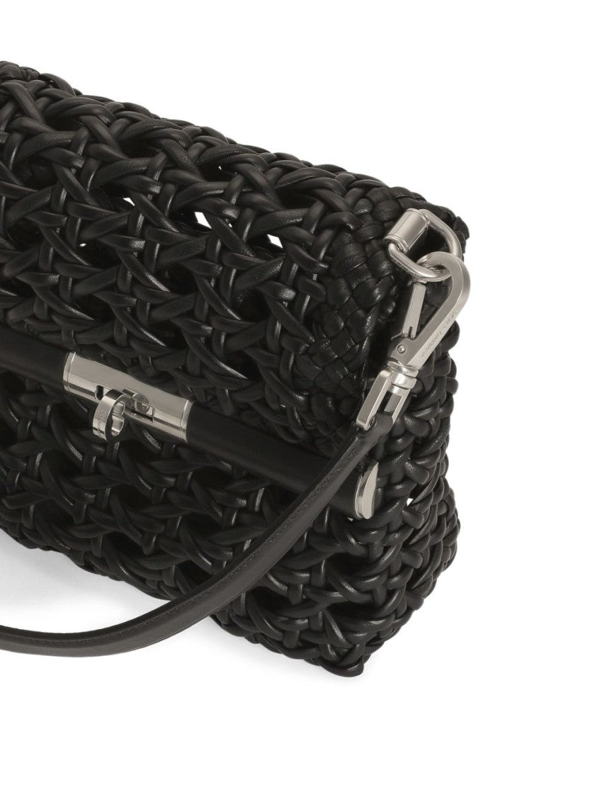Dolce & Gabbana Woven Design Black Bag With Twist-Lock Closure And Adjustable Strap