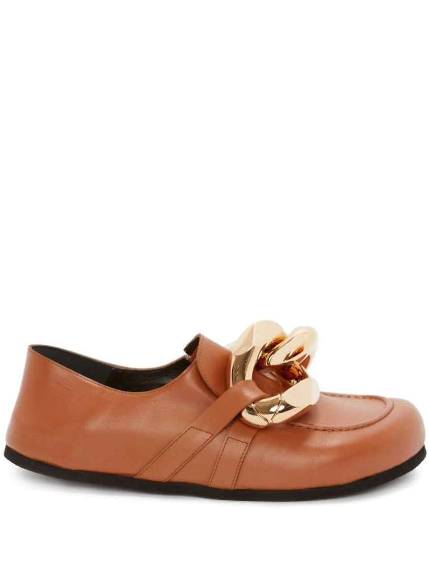 J. W. Anderson Orange Leather Loafers With Oversized Gold Chain Detail