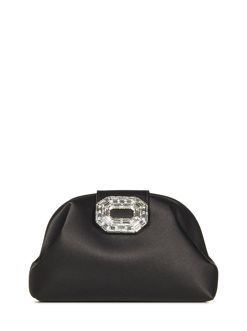 Amina Muaddi Rounded Black Satin Clutch With Mirrored Accent