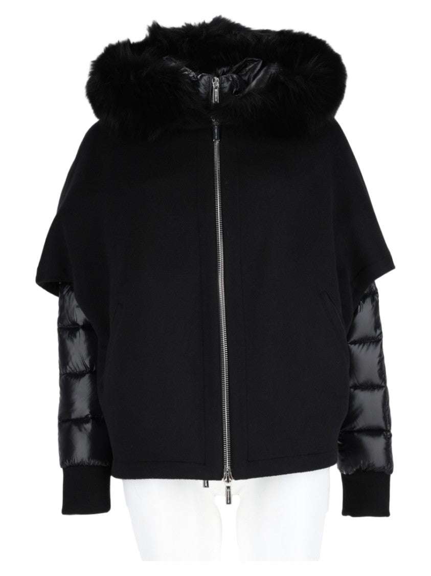 Moorer Boxy Black Coat With Quilted Sleeves And Plush Fur Trim