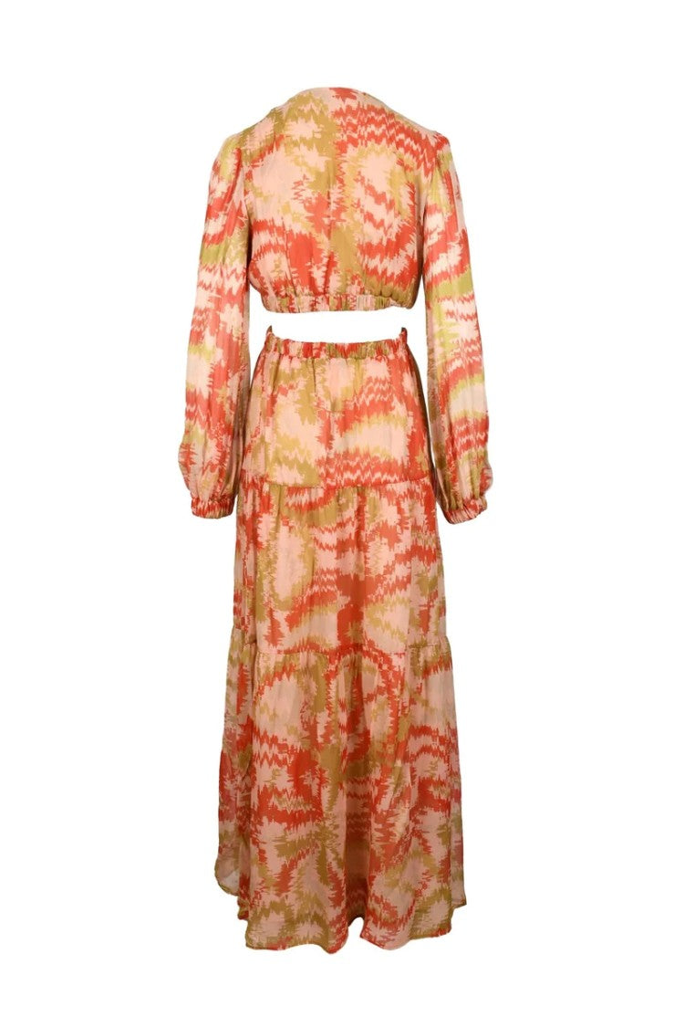 Dondup Long Chiffon Dress Puff Sleeves - Orange/Pink