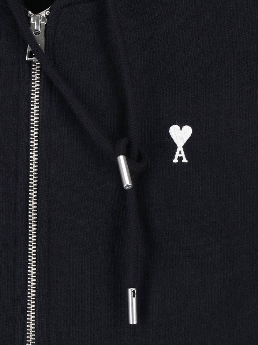 Ami Paris Zip-Up Hoodie With Embroidered Logo And Drawstring Hood