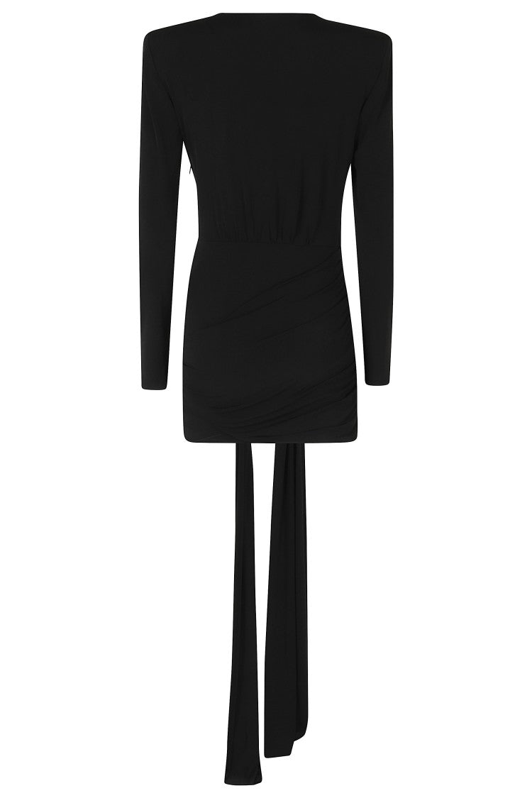 Nissa Black Deep V-Neck Asymmetrical Polyester Long Evening Dress