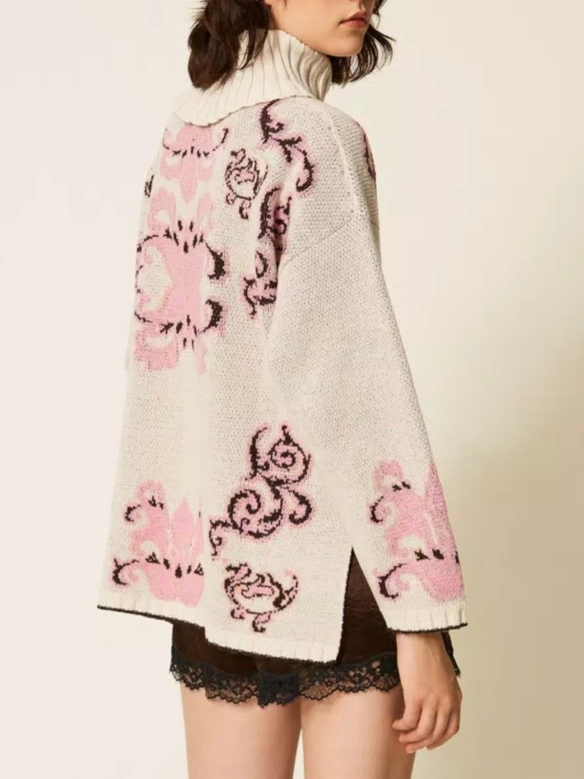 Twin-Set Loose-Fitting High Ribbed Turtleneck Wool-Blend Sweater