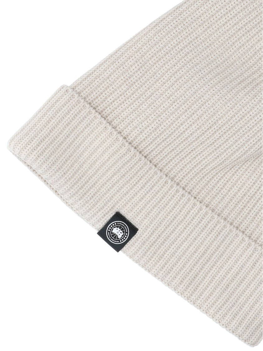Canada Goose White Ribbed Knit Cotton Logo Beanie