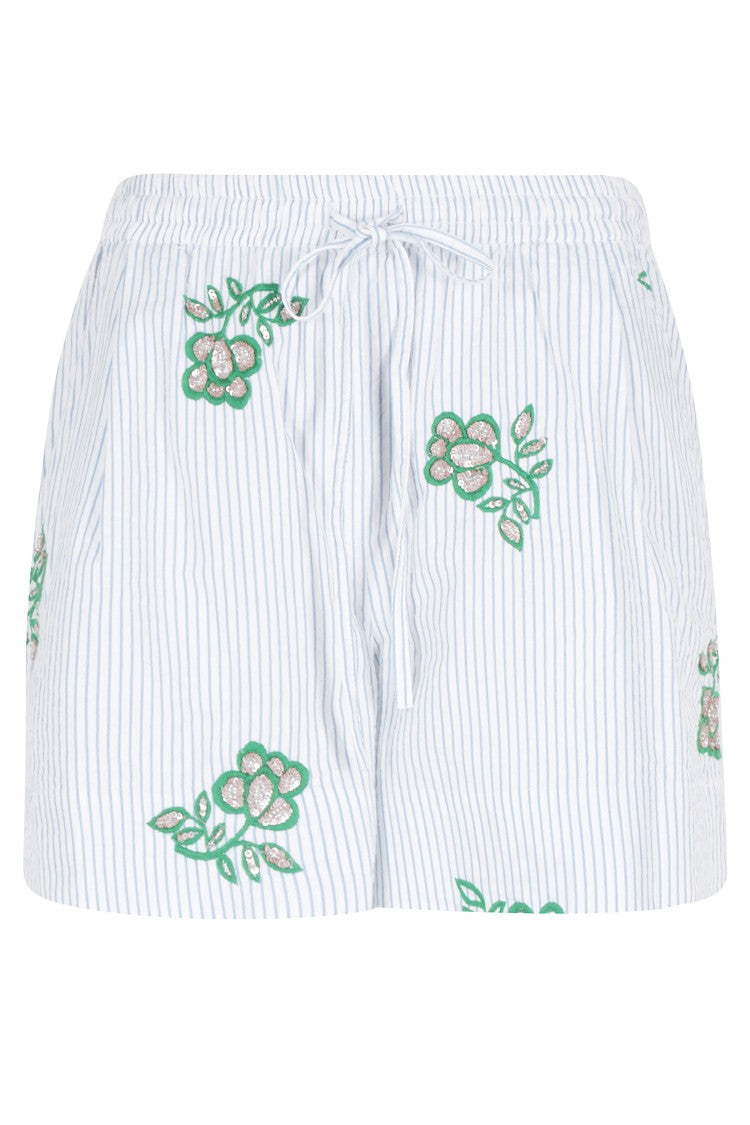 Essentiel Antwerp Light Blue Juste Striped Rhinestone Cotton Shorts