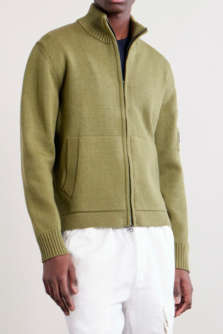 C.P. Company Olive Green Lens Detail Funnel-Neck Cotton Sweater