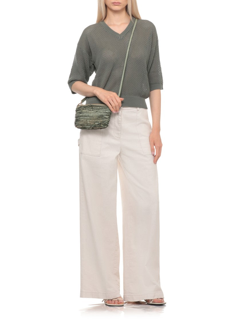 Peserico Grey V-Neck Perforated Sweater