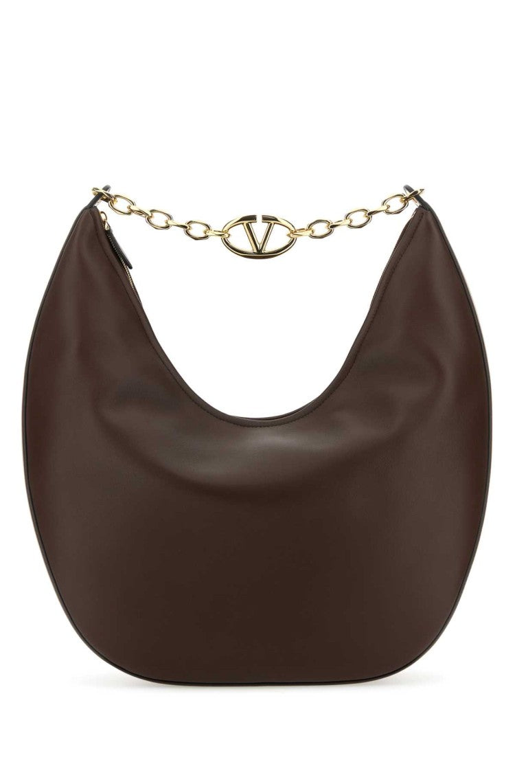 Valentino Garavani Brown Leather Medium Vlogo Moon Shoulder Bag