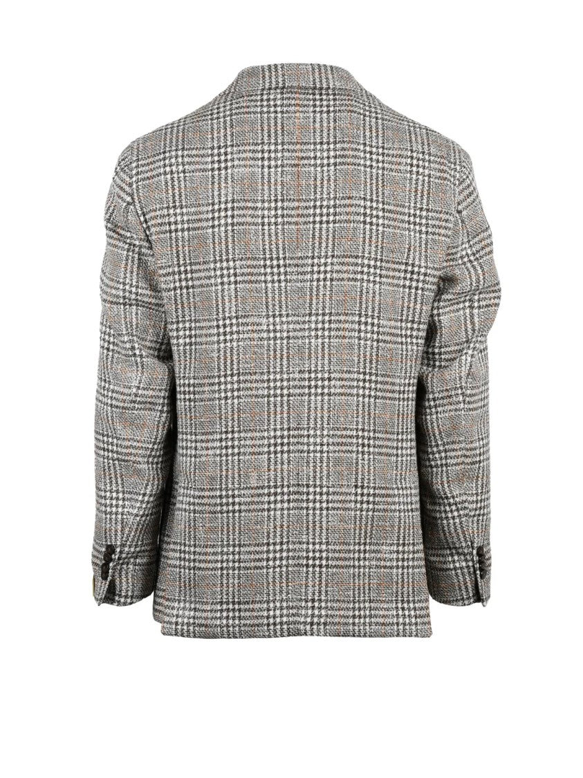 L.B.M. 1911 White Brown Checkered Unlined Cotton-Blend Blazer