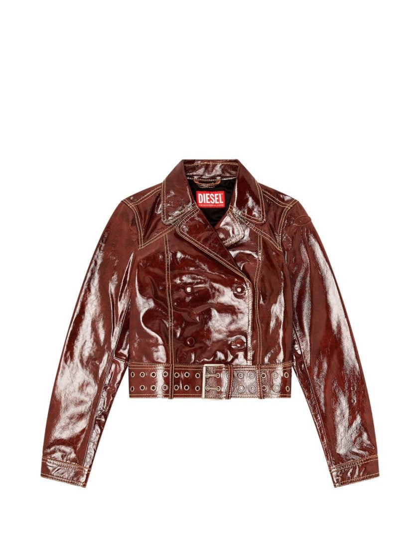 Diesel Cropped Brown Patent Leather Jacket With Double-Breasted Front