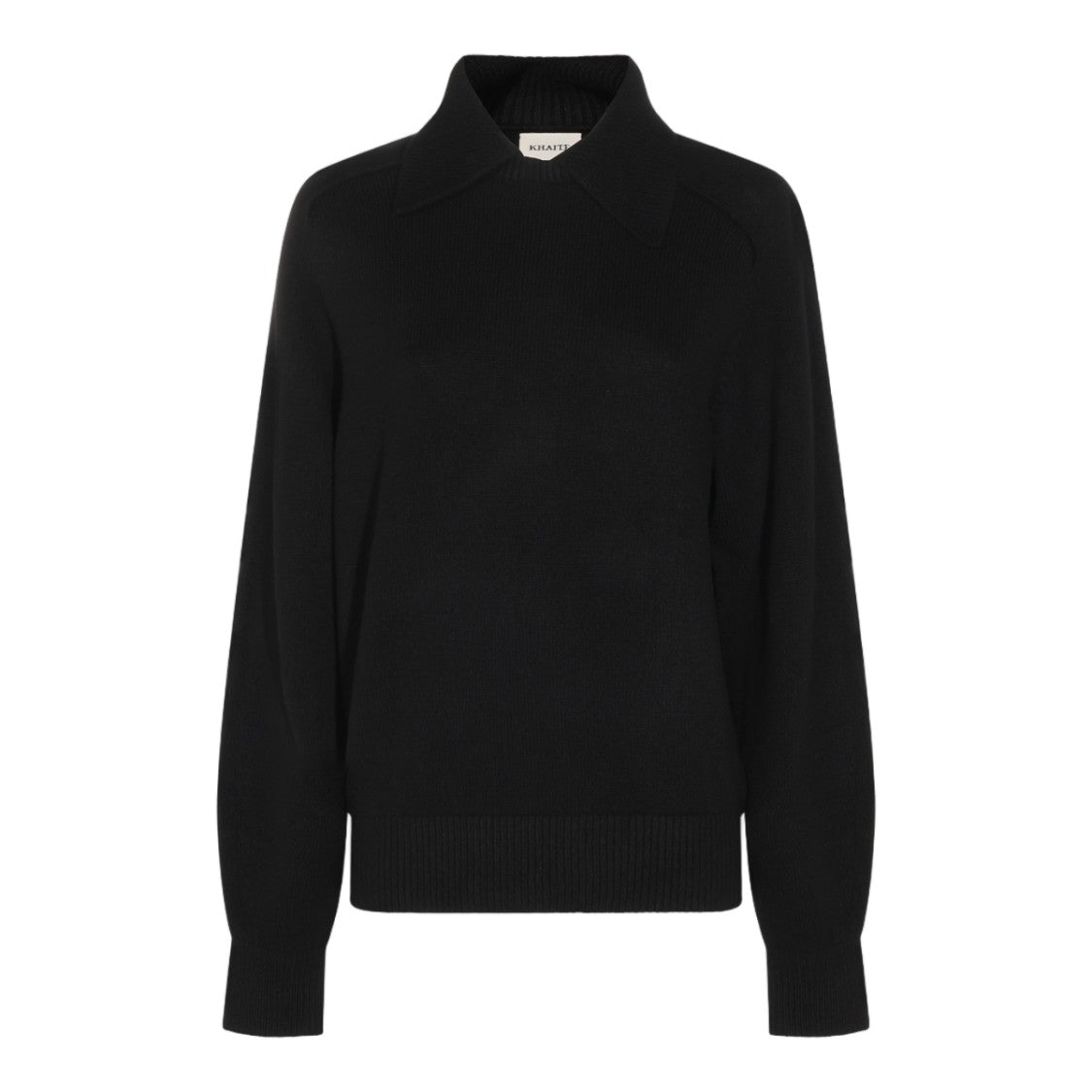 Khaite High Collared Black Sweater With Fitted Ribbed Hem