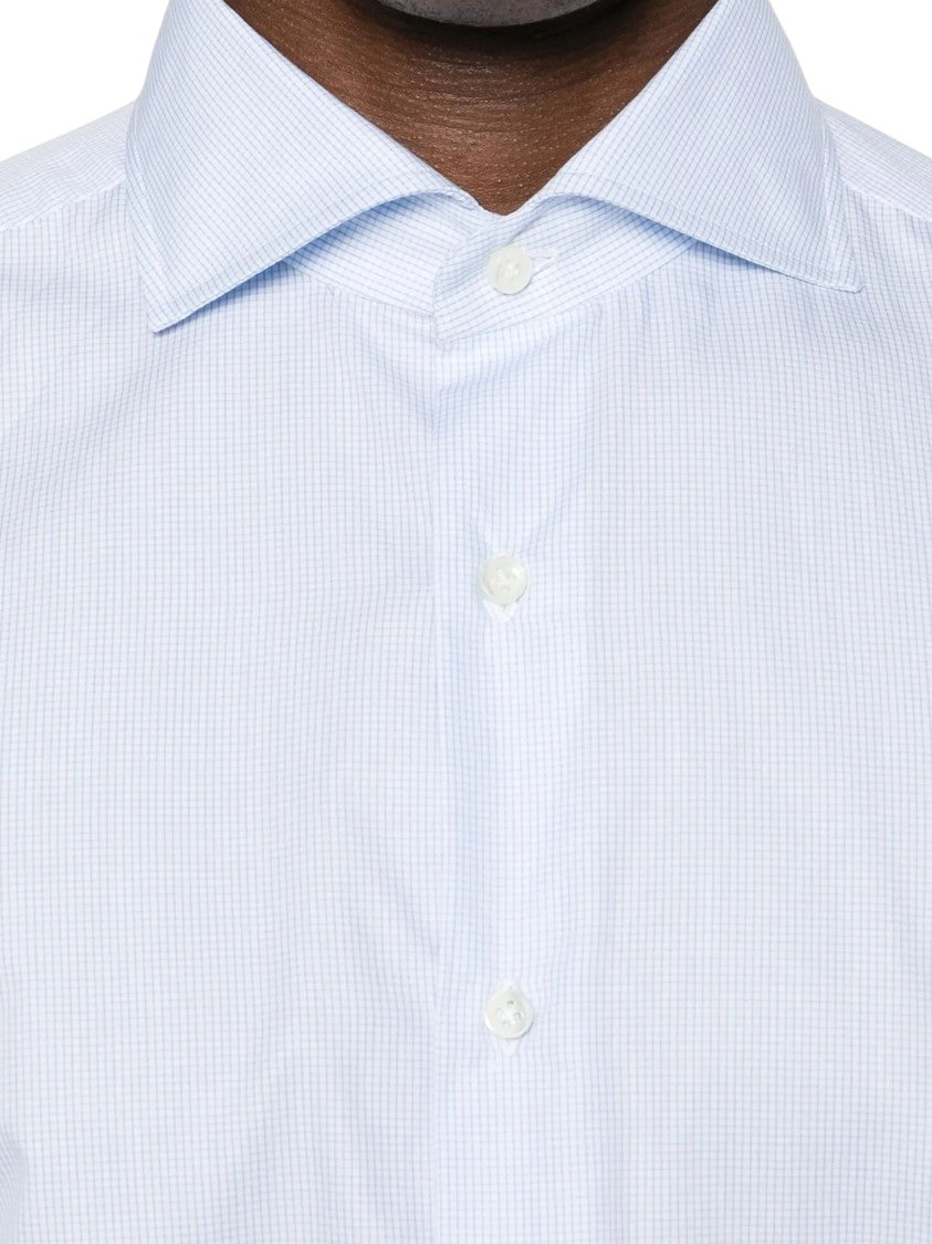 Borrelli Light Blue Checked Cotton Shirt With Classic Collar And Tailored Fit