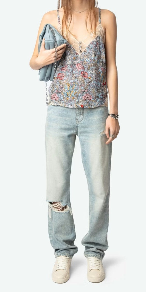 Zadig & Voltaire Floral Camisole Top With Sheer Lace Trim