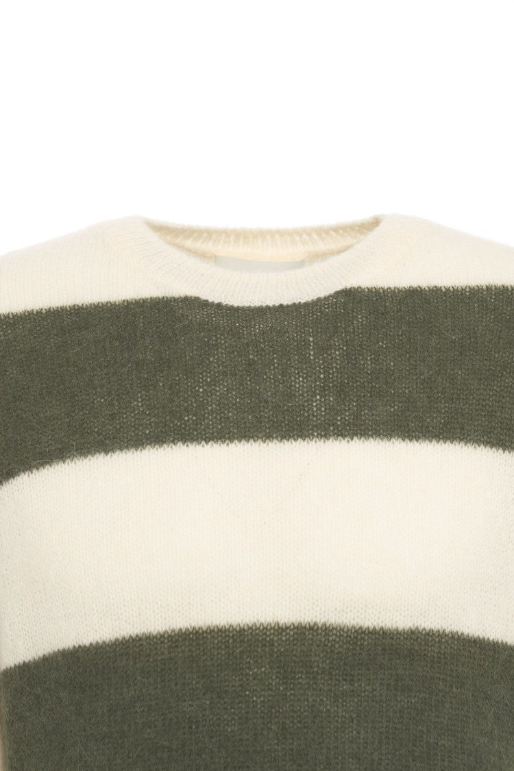 Closed Striped Knit Sweater With Round Neck And Ribbed Details
