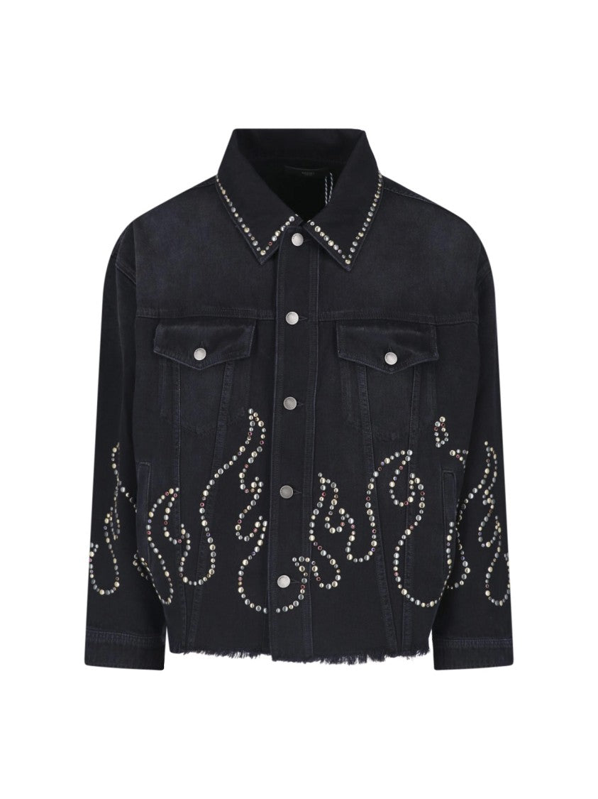 Amiri Cropped Black Denim Jacket With Classic Collar