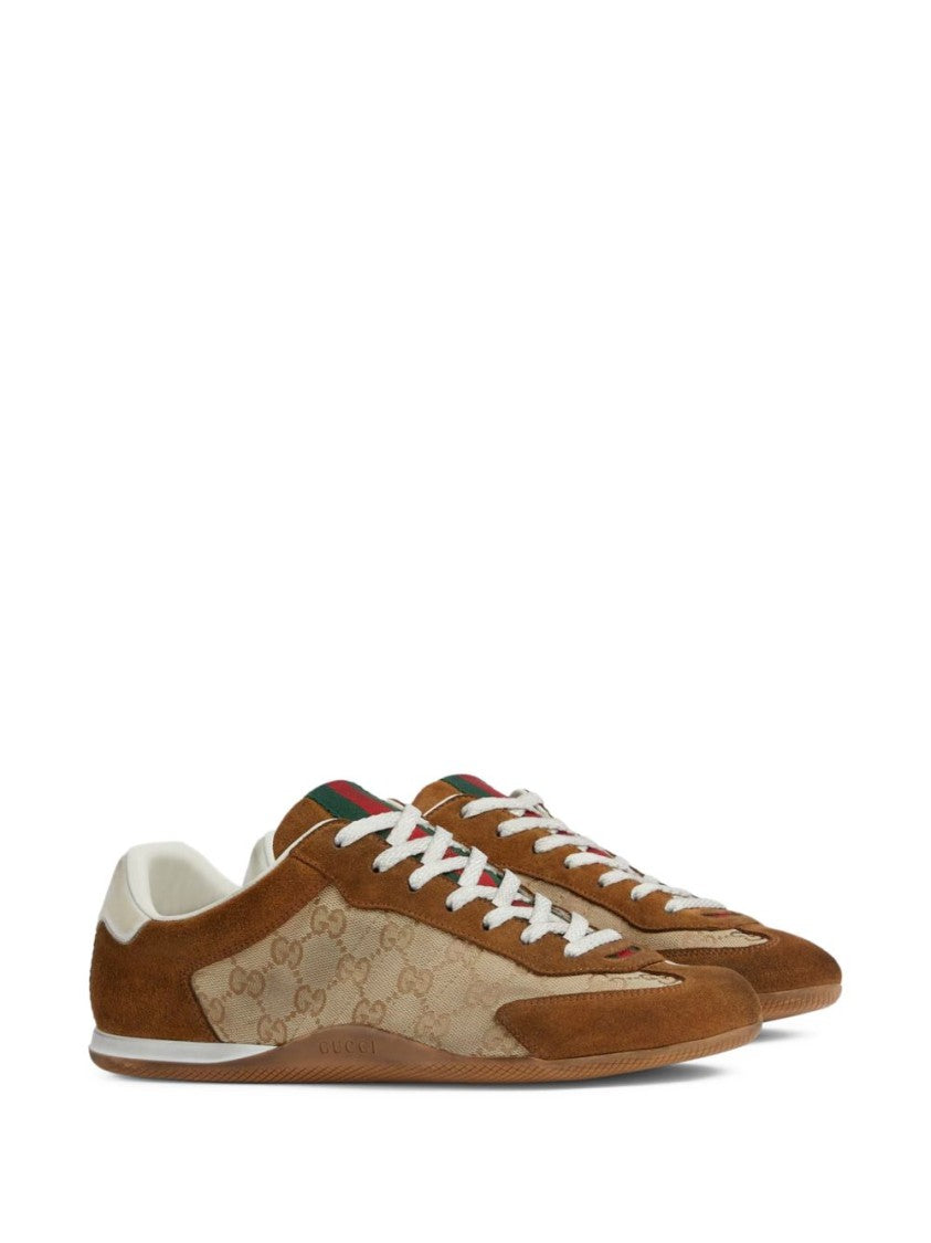 Gucci Monogram-Patterned Suede And Fabric Flat Shoes