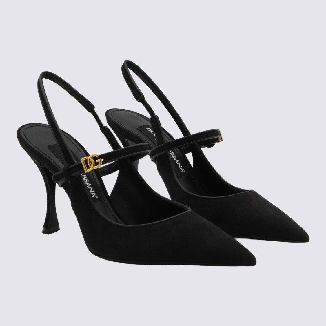 Dolce & Gabbana Pointed Toe Black Slingback Heels With Gold-Tone Logo Buckle