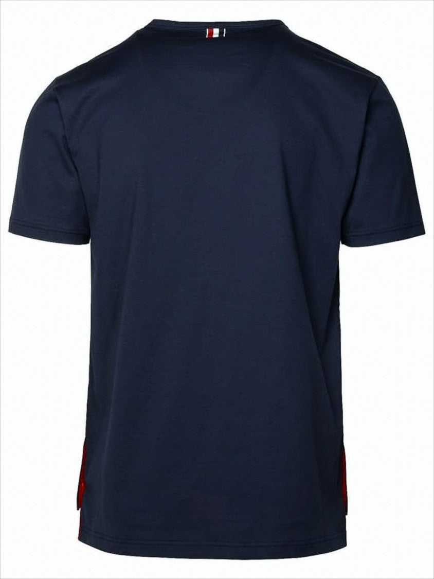 Thom Browne Short-Sleeved Blue T-Shirt With Contrasting Trim And Chest Pocket