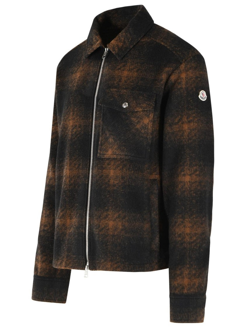 Moncler Brown And Black Check Wool Blend Jersey Zip Shirt
