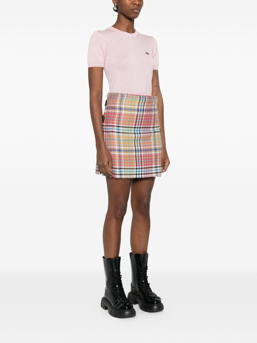 Vivienne Westwood Red Pink Multicolour Frayed Buckle Wrap Skirt