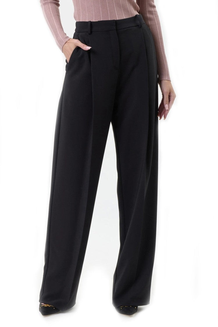 Elisabetta Franchi Black High-Waisted Pleated Polyester-Blend Wide-Leg Pants