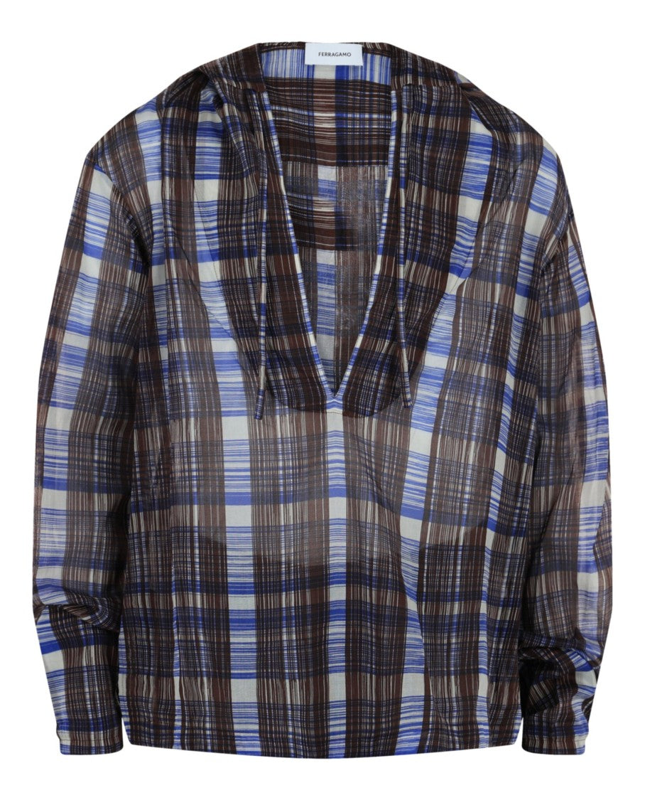 Ferragamo Plaid Print Hooded Shirt With Front Tie And Slit Sides