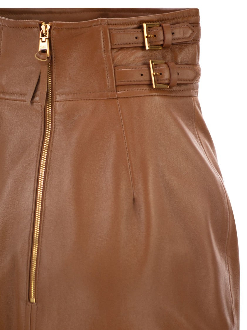 Elisabetta Franchi Midi Leather Skirt With Embossed Logo
