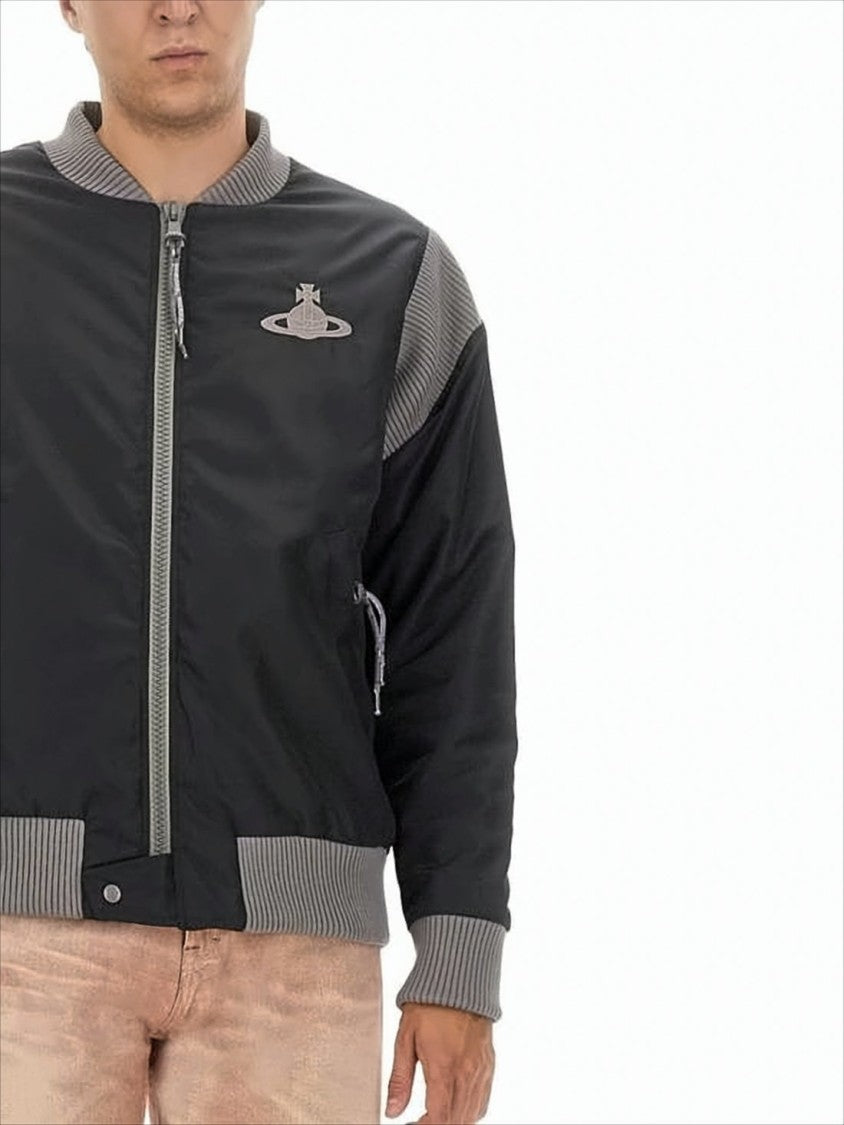 Vivienne Westwood Black Bomber Jacket With Ribbed Knit Details