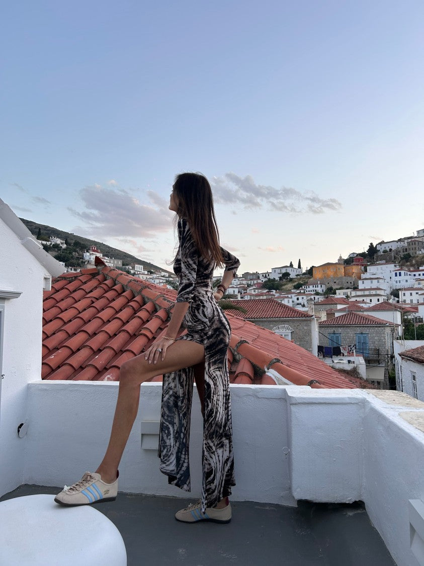 Hawa Made From Love Fitted Maxi Dress With Serpentine Pattern And Thigh-High Slit