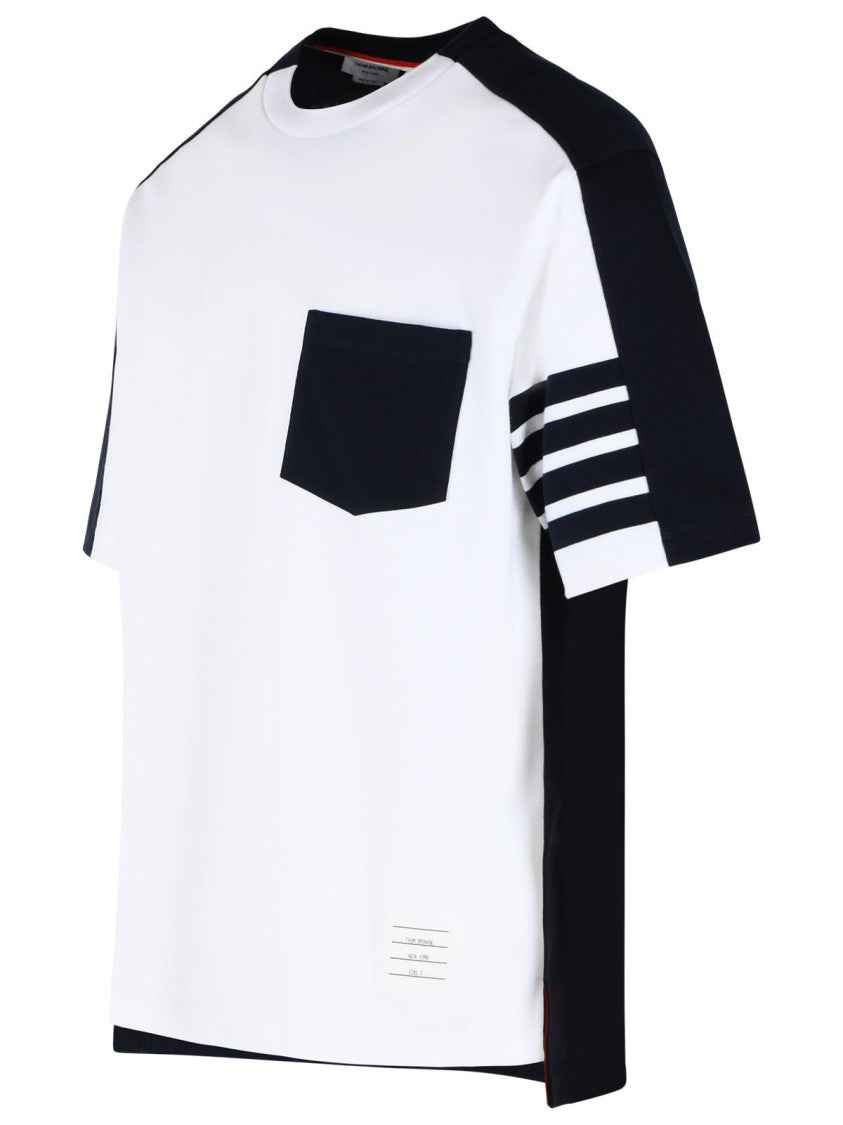 Thom Browne 'Colorblock 4 Bar' White And Navy Cotton T-Shirt