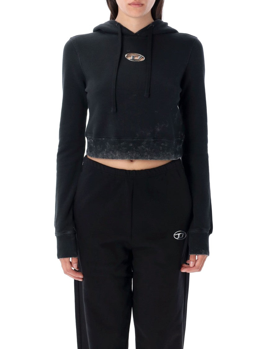 Diesel Cropped Black Hoodie With Drawstring And Vintage Appeal