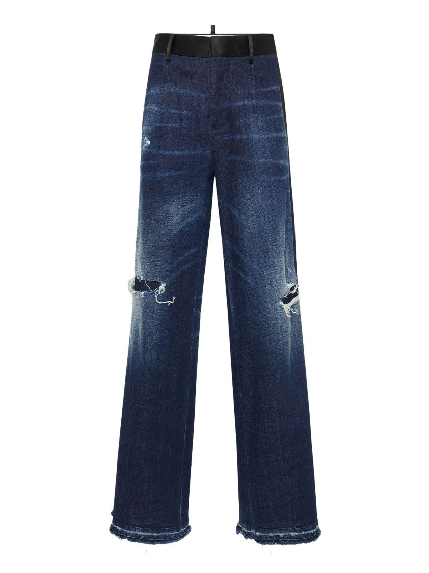 Dsquared2 Ripped Denim Jeans With Silk Satin Accents