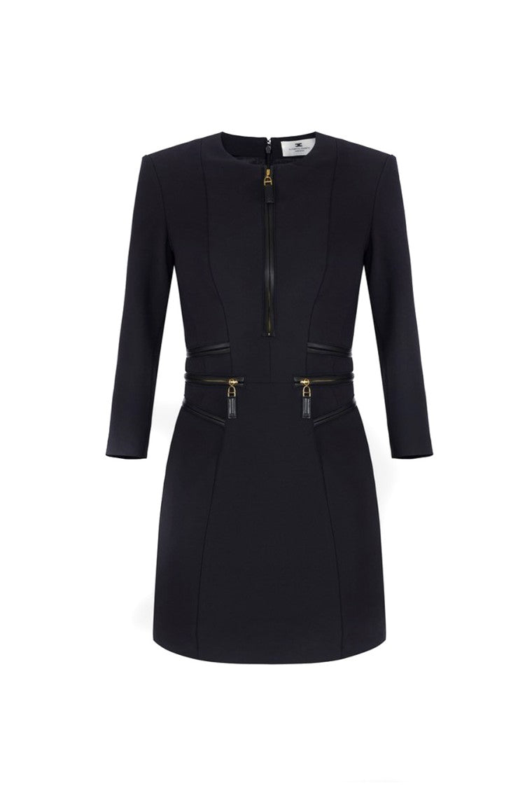 Elisabetta Franchi Black Leather-Trimmed Zip-Front Polyester-Blend Mini Dress