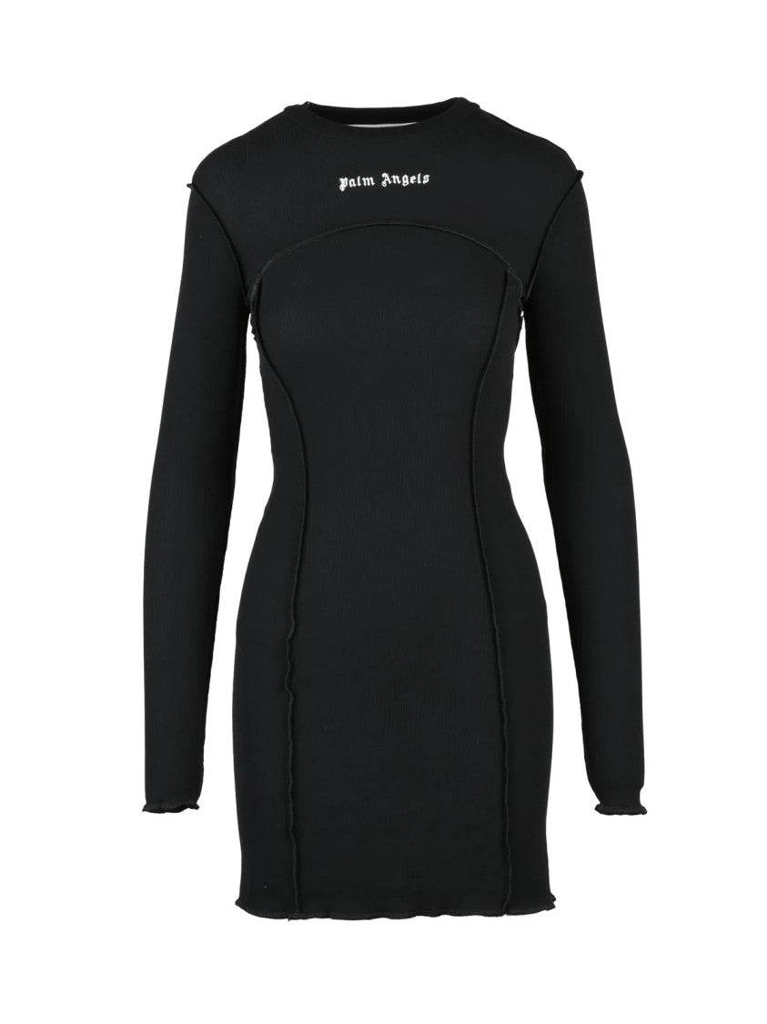 Palm Angels Form-Fitting Black Mini Dress With Long Sleeves And Seam Detailing