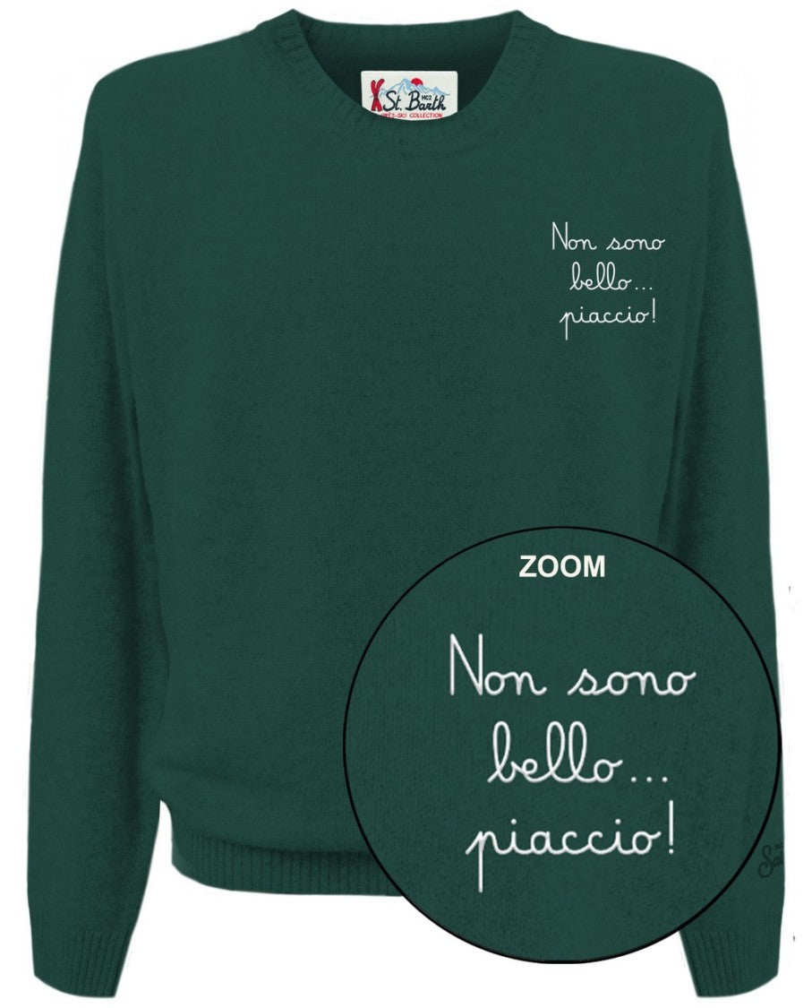 Mc2 Saint Barth Green Crewneck Sweater With Front Lettering