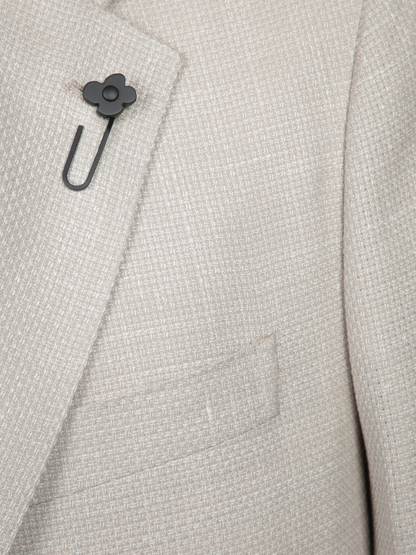 Lardini Beige Hopsack Blazer With Decorative Lapel Pin
