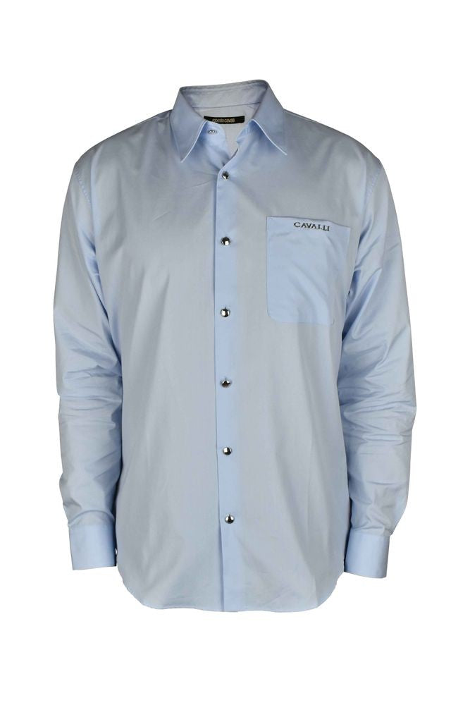 Roberto Cavalli Light Blue Cotton Shirt With Pointed Collar
